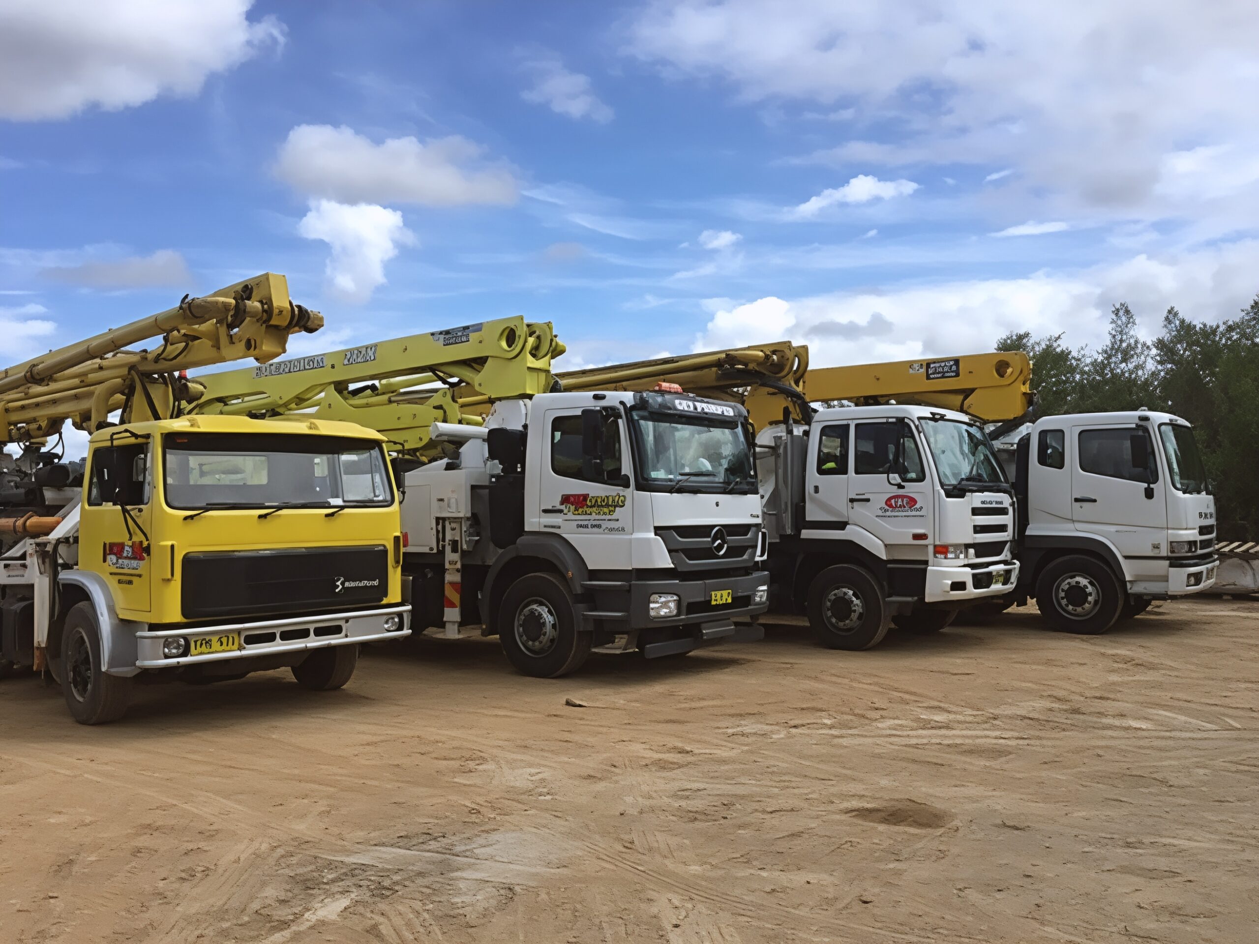 A lineup of concrete pump trucks parked on a dirt lot under a cloudy blue sky.